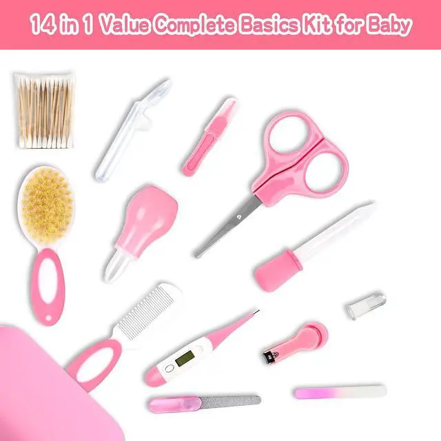 Alt view image 2 of 7 - Baby Grooming KitInfant Safety Care Setwith Hair Brush Comb Nail Clipper Nasal Aspirator, Baby Essentials Kit for Newborn Girls Boys (14 PC-Pink Kit)