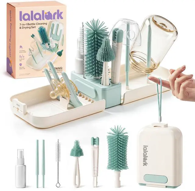 Main image of 7-in-1 Baby Bottle Brush Set, BPA Free Silicone Baby Bottle Cleaning Kit with No Scratch Dual-Headed Brush, Nipple Brush,Soap Dispenser & Drying Rack,Travel Cleaner Set with Storage Case,Mint