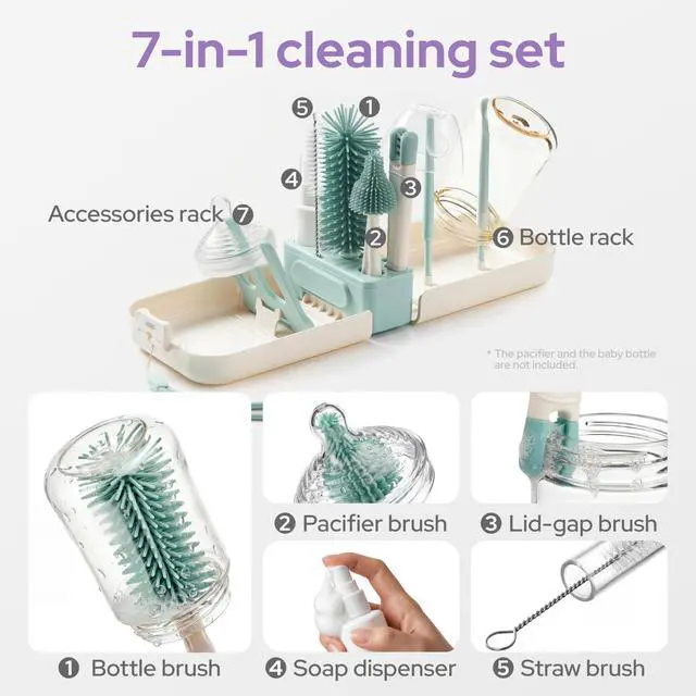 Alt view image 2 of 7 - 7-in-1 Baby Bottle Brush Set, BPA Free Silicone Baby Bottle Cleaning Kit with No Scratch Dual-Headed Brush, Nipple Brush,Soap Dispenser & Drying Rack,Travel Cleaner Set with Storage Case,Mint
