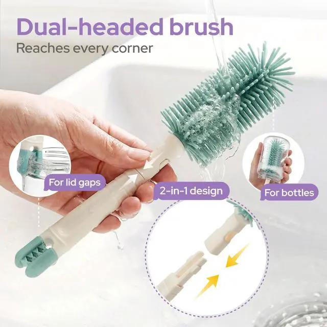 Alt view image 4 of 7 - 7-in-1 Baby Bottle Brush Set, BPA Free Silicone Baby Bottle Cleaning Kit with No Scratch Dual-Headed Brush, Nipple Brush,Soap Dispenser & Drying Rack,Travel Cleaner Set with Storage Case,Mint