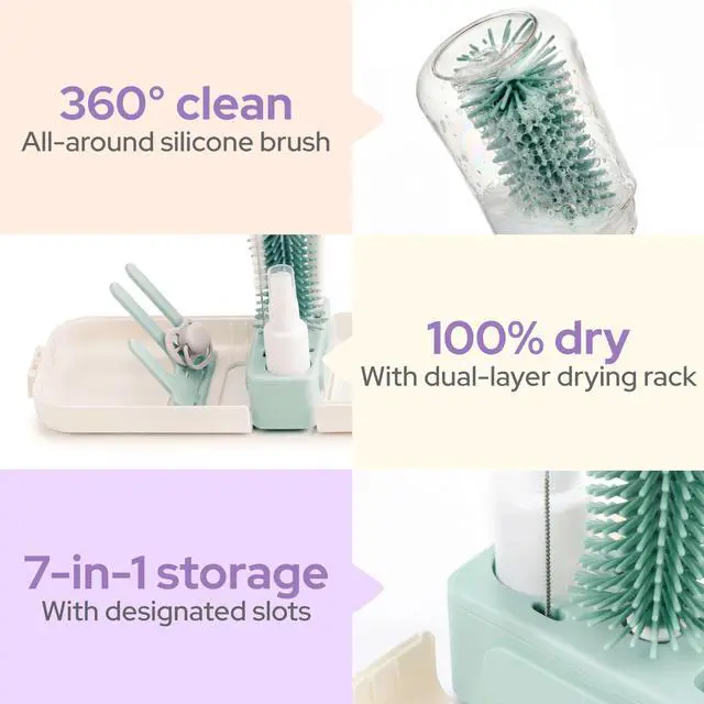 Alt view image 5 of 7 - 7-in-1 Baby Bottle Brush Set, BPA Free Silicone Baby Bottle Cleaning Kit with No Scratch Dual-Headed Brush, Nipple Brush,Soap Dispenser & Drying Rack,Travel Cleaner Set with Storage Case,Mint