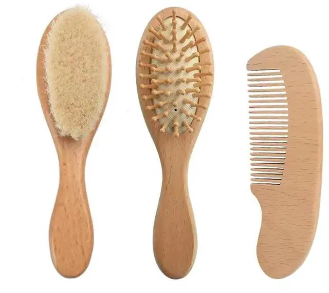 Main image of Baby Hair Brush and Comb Set for Newborn| Natural Wooden Hairbrush with Soft Goat Bristles, Pear Wood Comb and Wooden Massage Brush for Infant, Toddler, Kids