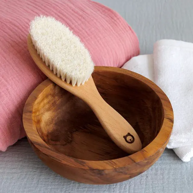 Alt view image 6 of 7 - Soft Wooden Baby Hair Brush for Newborns & Toddlers in Chic Gift Box - Ultra Soft Natural Goat Hair - Perfect Registry Gift (Goat hair brush - Oval)
