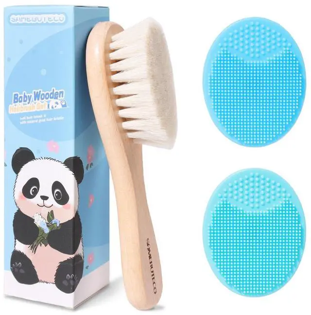 Main image of Baby Hair Brush Set,3 in1 Kit,1 Pack Goat Hair Bristles Brush 2 Pieces Silicone Cradle Cap Brushes Wood Handle Newborn Brush for Newborns and Toddlers