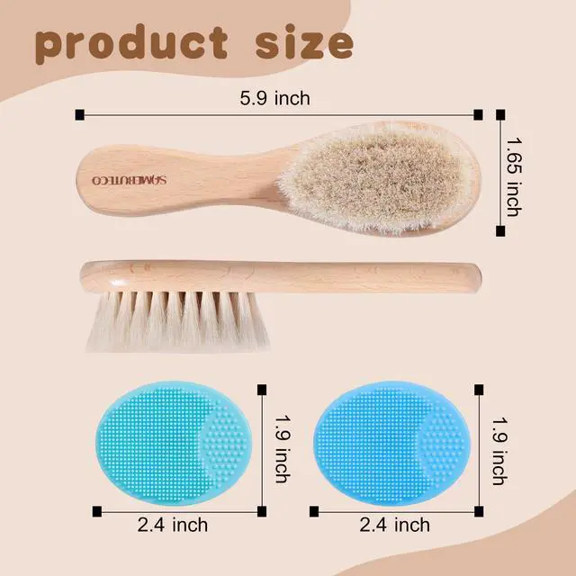 Alt view image 2 of 7 - Baby Hair Brush Set,3 in1 Kit,1 Pack Goat Hair Bristles Brush 2 Pieces Silicone Cradle Cap Brushes Wood Handle Newborn Brush for Newborns and Toddlers