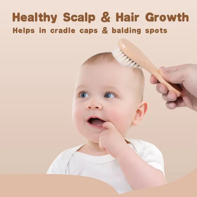 Alt view image 3 of 7 - Baby Hair Brush Set,3 in1 Kit,1 Pack Goat Hair Bristles Brush 2 Pieces Silicone Cradle Cap Brushes Wood Handle Newborn Brush for Newborns and Toddlers