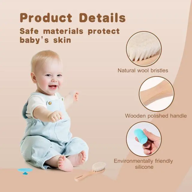 Alt view image 5 of 7 - Baby Hair Brush Set,3 in1 Kit,1 Pack Goat Hair Bristles Brush 2 Pieces Silicone Cradle Cap Brushes Wood Handle Newborn Brush for Newborns and Toddlers