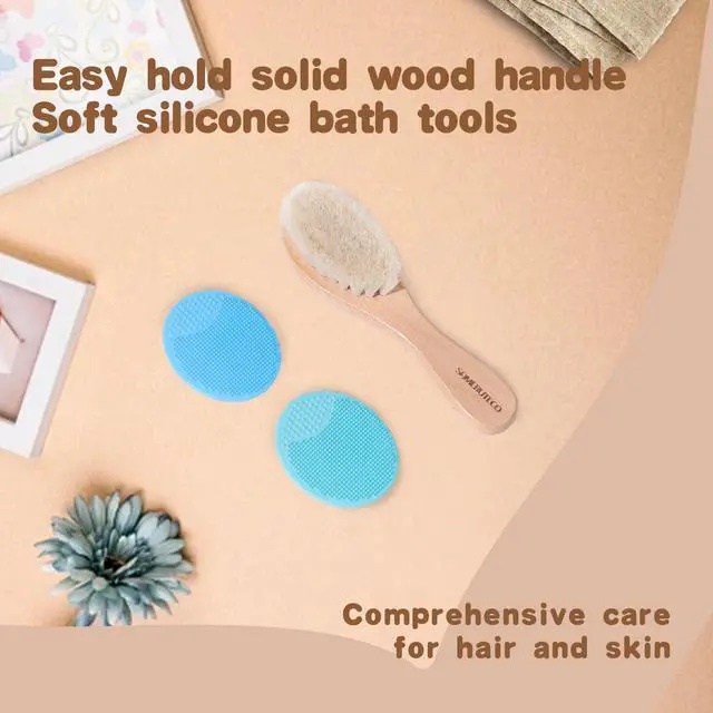 Alt view image 7 of 7 - Baby Hair Brush Set,3 in1 Kit,1 Pack Goat Hair Bristles Brush 2 Pieces Silicone Cradle Cap Brushes Wood Handle Newborn Brush for Newborns and Toddlers