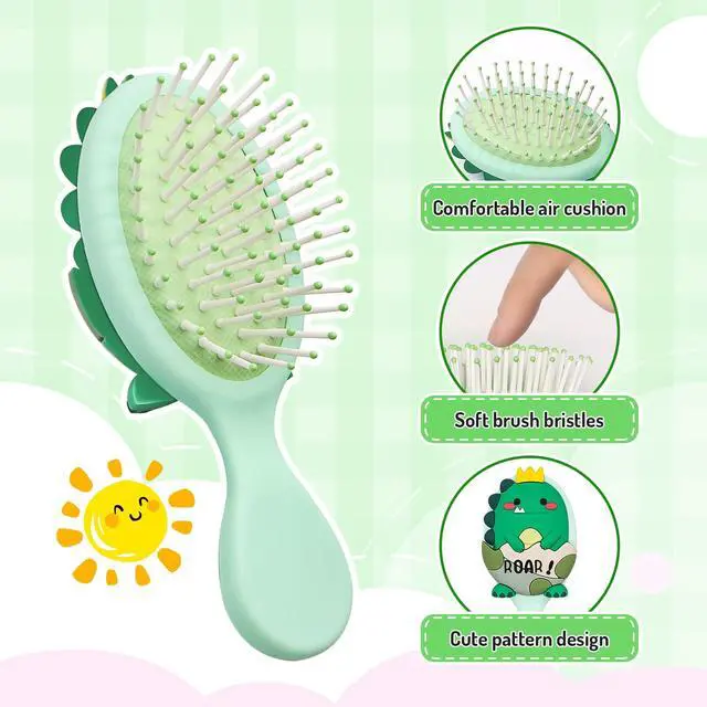 Alt view image 3 of 7 - Toddler Hair Brush - Mini Hair Brush for Kids - Travel Brush for Boys and Girls - Baby Detangler Brush for Thin Hair - Dinosaur Brushes with Air Cushion - Green