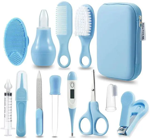 Main image of Baby Healthcare & Grooming Kit - Baby Safety Set Comb, Brush, Finger Toothbrush, Nail Clippers, Scissors, Nasal Aspirator - Nursery Care Kit (Blue)