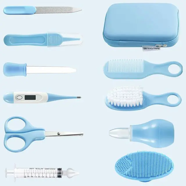 Alt view image 2 of 7 - Baby Healthcare & Grooming Kit - Baby Safety Set Comb, Brush, Finger Toothbrush, Nail Clippers, Scissors, Nasal Aspirator - Nursery Care Kit (Blue)