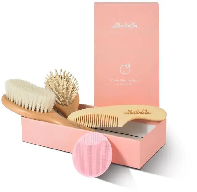 Main image of 4 Piece Wooden Baby Hair Brush and Comb Set for Newborns & Toddlers in Chic Gift Box - Ultra Soft Natural Goat Hair and Wood Baby Brush Set Prevents Cradle Cap - Perfect Registry Gift (Pink)