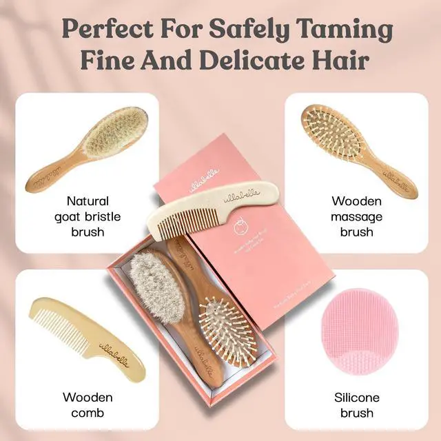Alt view image 2 of 7 - 4 Piece Wooden Baby Hair Brush and Comb Set for Newborns & Toddlers in Chic Gift Box - Ultra Soft Natural Goat Hair and Wood Baby Brush Set Prevents Cradle Cap - Perfect Registry Gift (Pink)