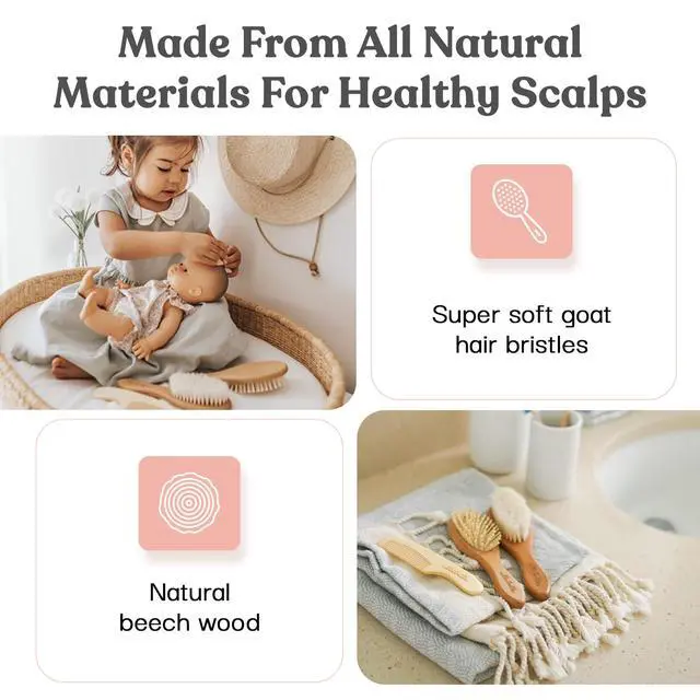 Alt view image 3 of 7 - 4 Piece Wooden Baby Hair Brush and Comb Set for Newborns & Toddlers in Chic Gift Box - Ultra Soft Natural Goat Hair and Wood Baby Brush Set Prevents Cradle Cap - Perfect Registry Gift (Pink)