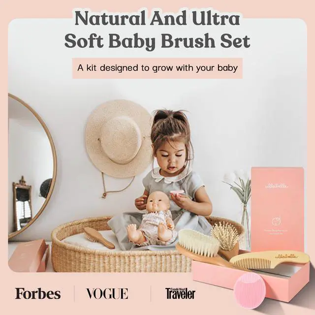 Alt view image 4 of 7 - 4 Piece Wooden Baby Hair Brush and Comb Set for Newborns & Toddlers in Chic Gift Box - Ultra Soft Natural Goat Hair and Wood Baby Brush Set Prevents Cradle Cap - Perfect Registry Gift (Pink)