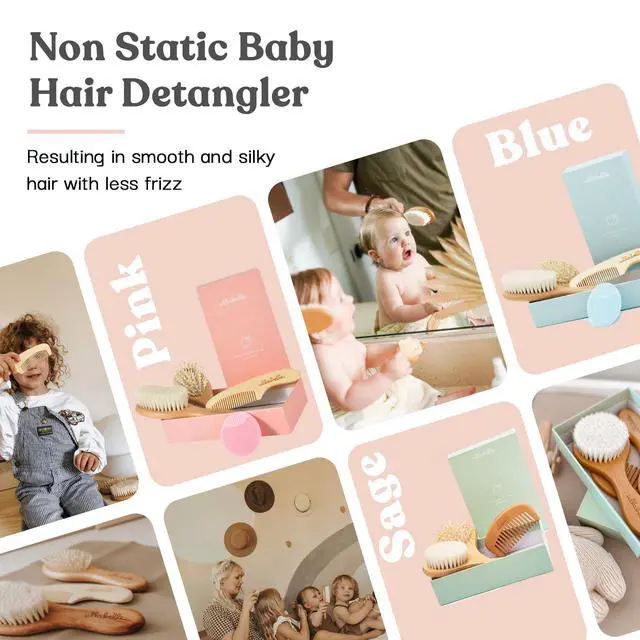 Alt view image 6 of 7 - 4 Piece Wooden Baby Hair Brush and Comb Set for Newborns & Toddlers in Chic Gift Box - Ultra Soft Natural Goat Hair and Wood Baby Brush Set Prevents Cradle Cap - Perfect Registry Gift (Pink)