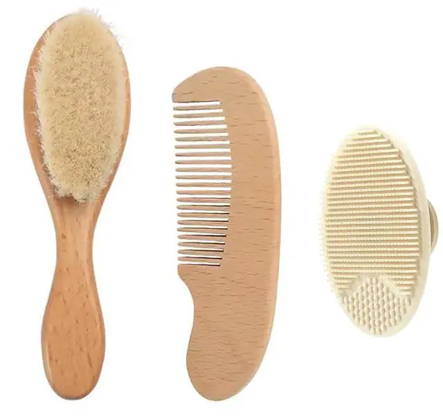 Main image of 3 Pack Baby Brush and Comb Set Newborn, Silicone Cradle Cap Brush for Babies, Soft Newborn Hair Brush with Soft Goat Bristles, Wooden Toddler Comb Hairbrush Set for Boys and Girls