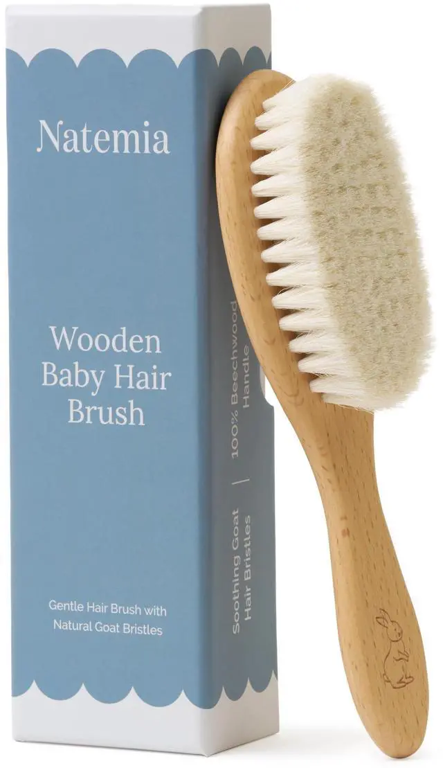 Main image of Wooden Baby Hair Brush - Natural Goat Hair Bristles - Gentle Soft Bristles for Scalp Massage - Cradle Cap Comb for Flake Removal - For Baby Grooming Kit & Toddler Hair Brush
