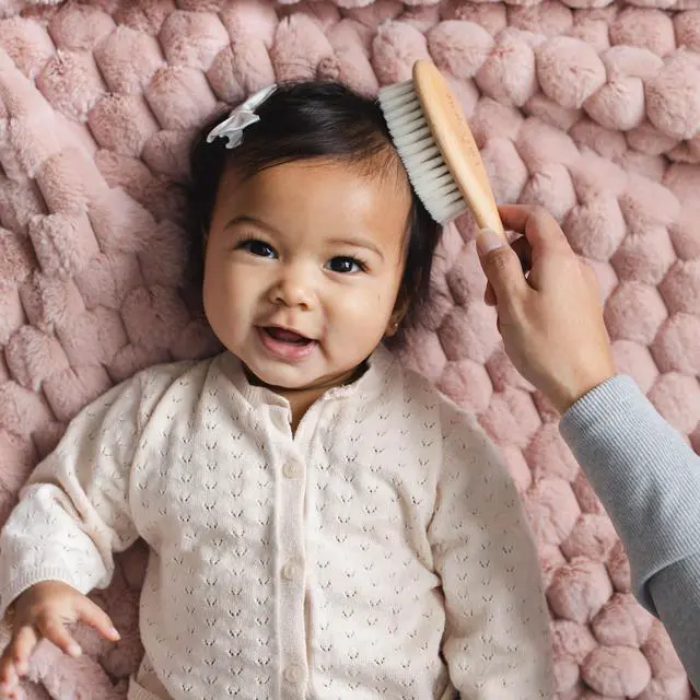 Alt view image 2 of 7 - Wooden Baby Hair Brush - Natural Goat Hair Bristles - Gentle Soft Bristles for Scalp Massage - Cradle Cap Comb for Flake Removal - For Baby Grooming Kit & Toddler Hair Brush