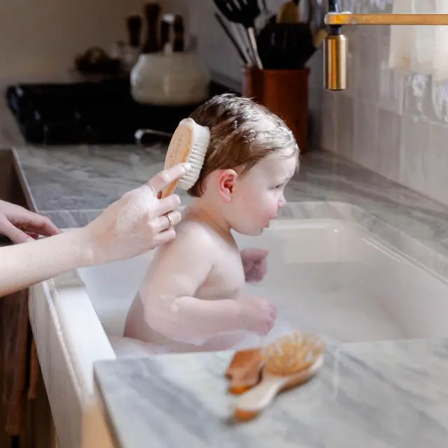 Alt view image 4 of 7 - Wooden Baby Hair Brush - Natural Goat Hair Bristles - Gentle Soft Bristles for Scalp Massage - Cradle Cap Comb for Flake Removal - For Baby Grooming Kit & Toddler Hair Brush