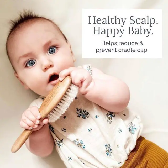 Alt view image 3 of 7 - Wooden Baby Hair Brush - Natural Goat Hair Bristles - Gentle Soft Bristles for Scalp Massage - Cradle Cap Comb for Flake Removal - For Baby Grooming Kit & Toddler Hair Brush