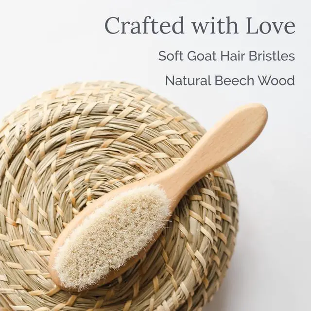 Alt view image 6 of 7 - Wooden Baby Hair Brush - Natural Goat Hair Bristles - Gentle Soft Bristles for Scalp Massage - Cradle Cap Comb for Flake Removal - For Baby Grooming Kit & Toddler Hair Brush