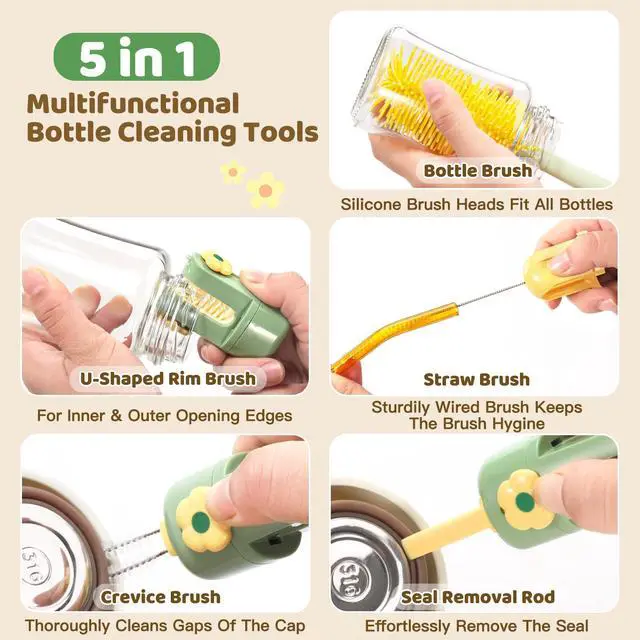 Alt view image 2 of 7 - 2 Pack Baby Bottle Brush, 5 in 1 Travel Set, Green