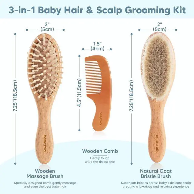 Alt view image 2 of 7 - Baby Hair Brush and Comb Set for Newborns & Toddlers - Wooden Baby Brush Set With Soft Goat Bristle and Toddler Comb, Ideal for Cradle Cap