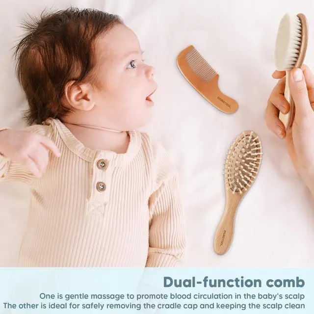 Alt view image 6 of 7 - Baby Hair Brush and Comb Set for Newborns & Toddlers - Wooden Baby Brush Set With Soft Goat Bristle and Toddler Comb, Ideal for Cradle Cap