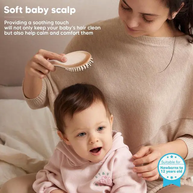 Alt view image 7 of 7 - Baby Hair Brush and Comb Set for Newborns & Toddlers - Wooden Baby Brush Set With Soft Goat Bristle and Toddler Comb, Ideal for Cradle Cap