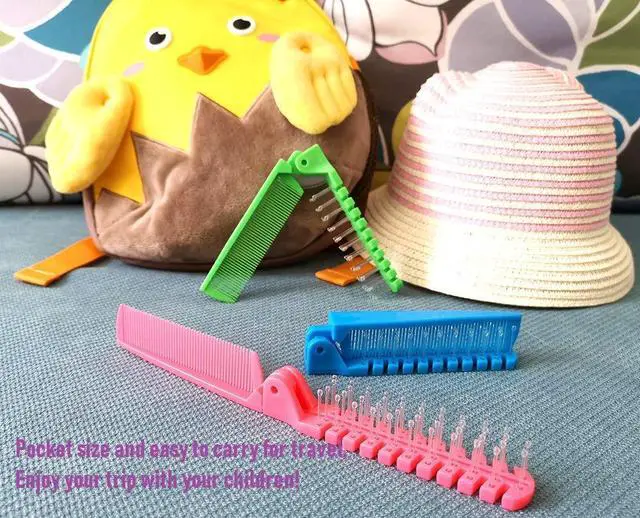 Alt view image 3 of 7 - 3pcs Hair Brush Set - Folding Travel Brush, Fine Tooth Pocket Comb, Massage Head & Baby Braiding Brush for Kids and Adults in Green/Pink/Blue