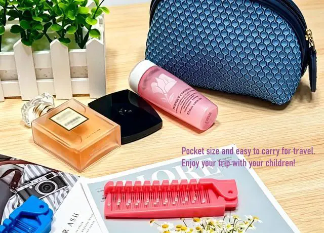 Alt view image 7 of 7 - 3pcs Hair Brush Set - Folding Travel Brush, Fine Tooth Pocket Comb, Massage Head & Baby Braiding Brush for Kids and Adults in Green/Pink/Blue