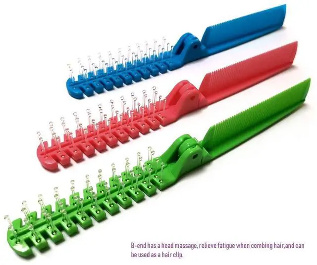 Alt view image 6 of 7 - 3pcs Hair Brush Set - Folding Travel Brush, Fine Tooth Pocket Comb, Massage Head & Baby Braiding Brush for Kids and Adults in Green/Pink/Blue