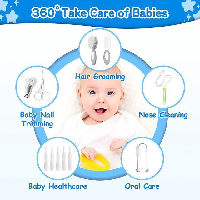 Alt view image 3 of 7 - Baby Healthcare and Grooming Kit, 21 in 1 Portable Baby Essentials Kit with Gas Relief Hair Brush Comb Nasal Aspirator for Newborn Boys Girls (Grey White)