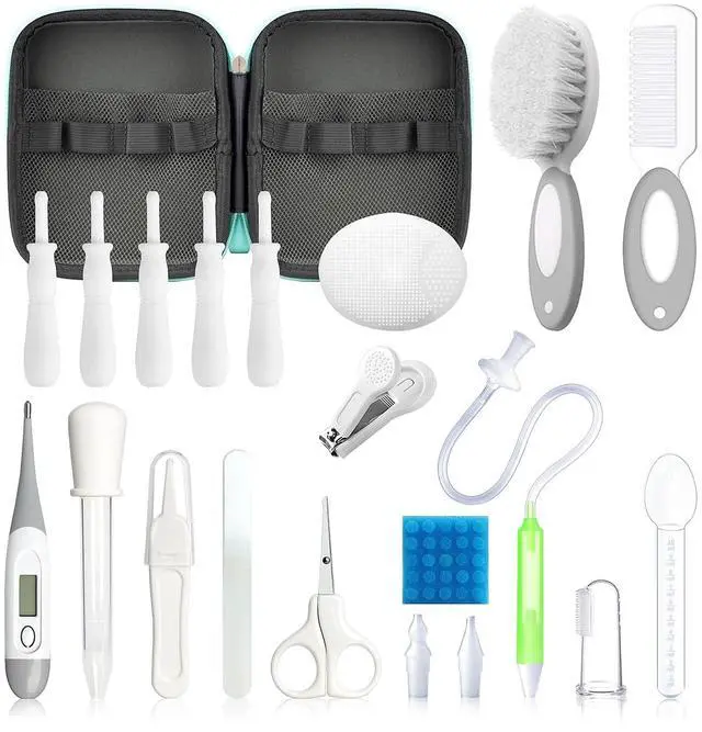 Main image of Baby Healthcare and Grooming Kit, 21 in 1 Portable Baby Essentials Kit with Gas Relief Hair Brush Comb Nasal Aspirator for Newborn Boys Girls (Grey White)