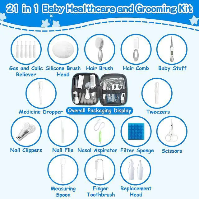 Alt view image 2 of 7 - Baby Healthcare and Grooming Kit, 21 in 1 Portable Baby Essentials Kit with Gas Relief Hair Brush Comb Nasal Aspirator for Newborn Boys Girls (Grey White)