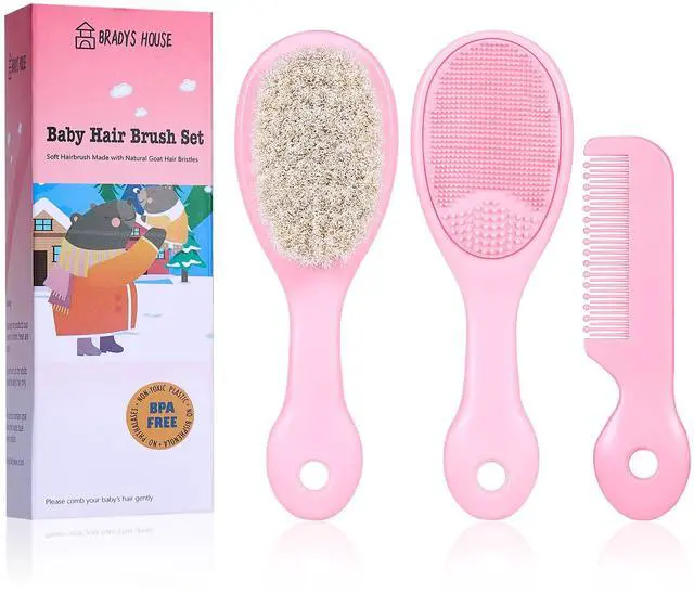 Main image of 3 Piece Baby Hair Brush and Comb Set for Newborns and Toddlers (Pink)