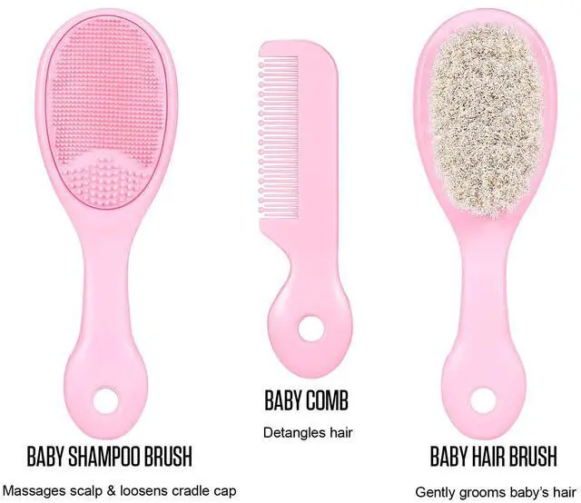 Alt view image 2 of 7 - 3 Piece Baby Hair Brush and Comb Set for Newborns and Toddlers (Pink)