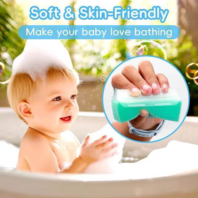 Alt view image 3 of 7 - Cradle Cap Brush for Babies, Set of 5 Baby Bath Essentials with Bath Sponge Silicone Scrubber Long Handle Comb for Newborns Toddlers Boys Girls (Green)