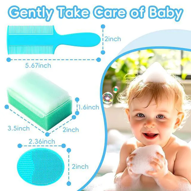 Alt view image 2 of 7 - Cradle Cap Brush for Babies, Set of 5 Baby Bath Essentials with Bath Sponge Silicone Scrubber Long Handle Comb for Newborns Toddlers Boys Girls (Green)