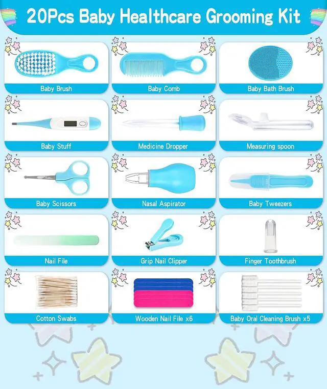 Alt view image 2 of 6 - Baby Grooming and Healthcare Kit, Portable Baby Safety Care Set with Hair Brush Comb Nail Clipper Nasal Aspirator for Nursery Newborn Infant Girl Boy (25 in 1 Blue)