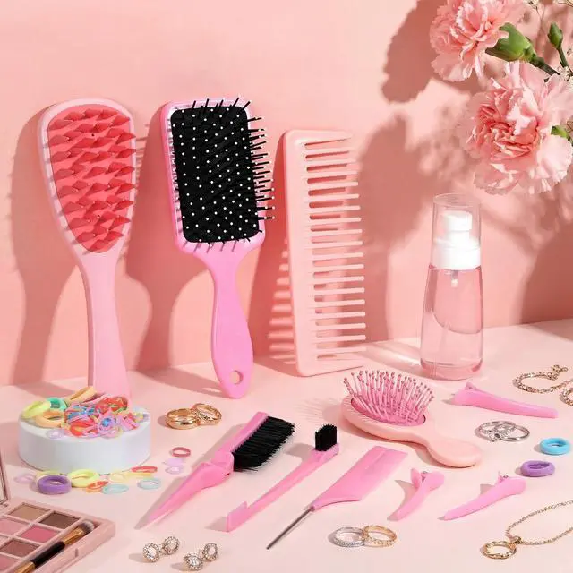 Alt view image 7 of 7 - 76 Pcs Pink Hair Brush Set for Baby Girls - Scalp Scrubber with Handle, Detangle Hair Brush, Spray Bottle, Slick Back Brush Set Wide Tooth Mini Wet Brushes for Travel Home Use
