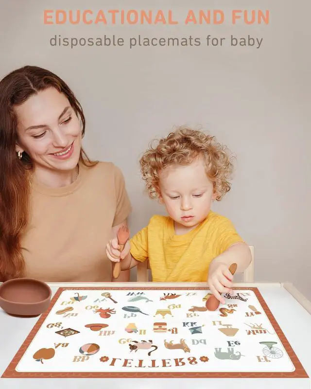 Alt view image 2 of 7 - Disposable Placemats for Baby, 60 Pack Sticky Toddler Placemat for Restaurants, Dining Table, Party, Travel, 12" x 18" with 4 Designs