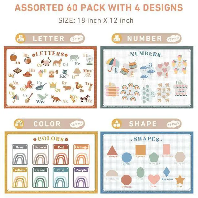 Alt view image 3 of 7 - Disposable Placemats for Baby, 60 Pack Sticky Toddler Placemat for Restaurants, Dining Table, Party, Travel, 12" x 18" with 4 Designs