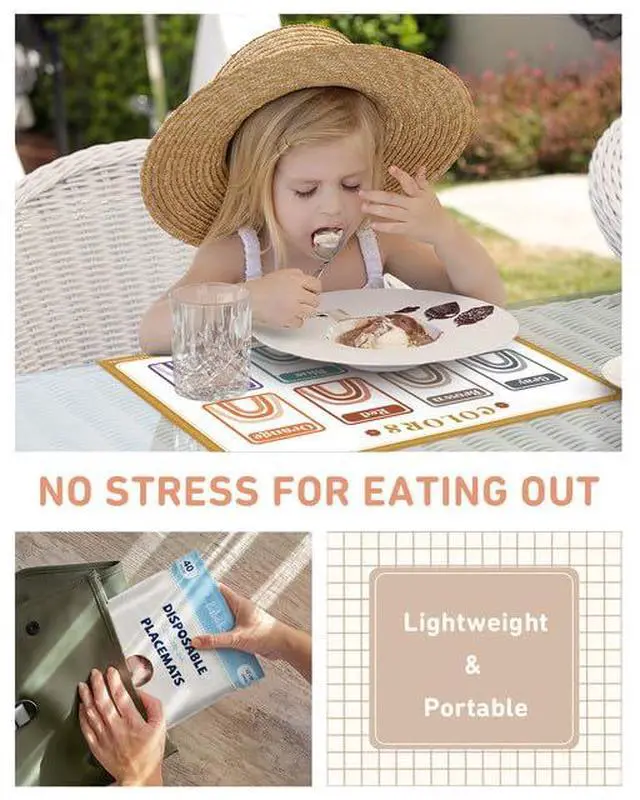 Alt view image 7 of 7 - Disposable Placemats for Baby, 60 Pack Sticky Toddler Placemat for Restaurants, Dining Table, Party, Travel, 12" x 18" with 4 Designs