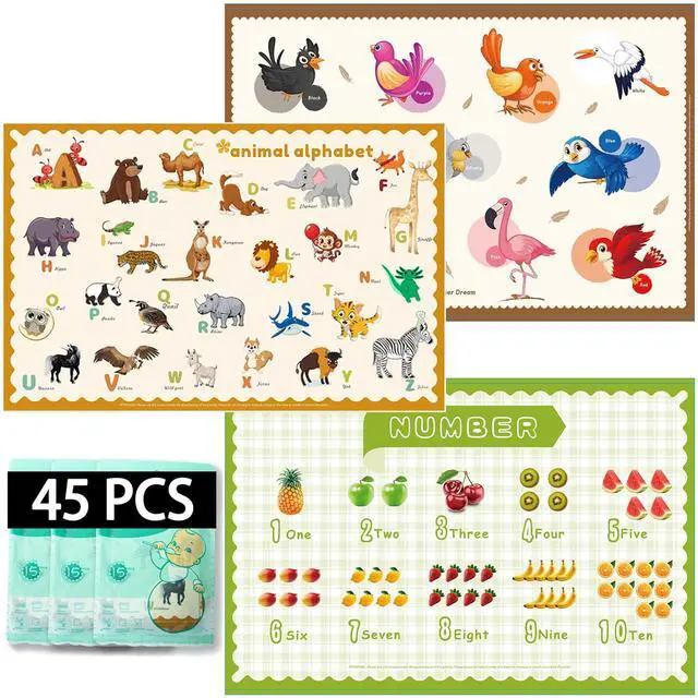 Main image of 45 Pack Sticky Disposable Placemats for Baby & Toddlers,Toddler Placemat 12"x18" Kids Table Mat for Party, Picnic Table, Restaurants Dining Table Travel Essentials for Toddlers with 3 Designs
