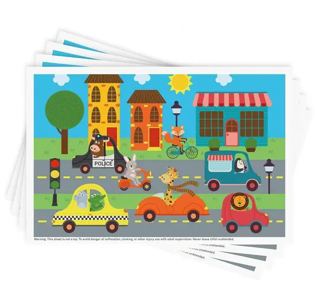 Main image of Disposable Stick-on Placemats 40 Pack for Baby & Kids & Toddler, Sticky Placemats Restaurant Table Mats 12" x 18" (Animals Driving Cars)