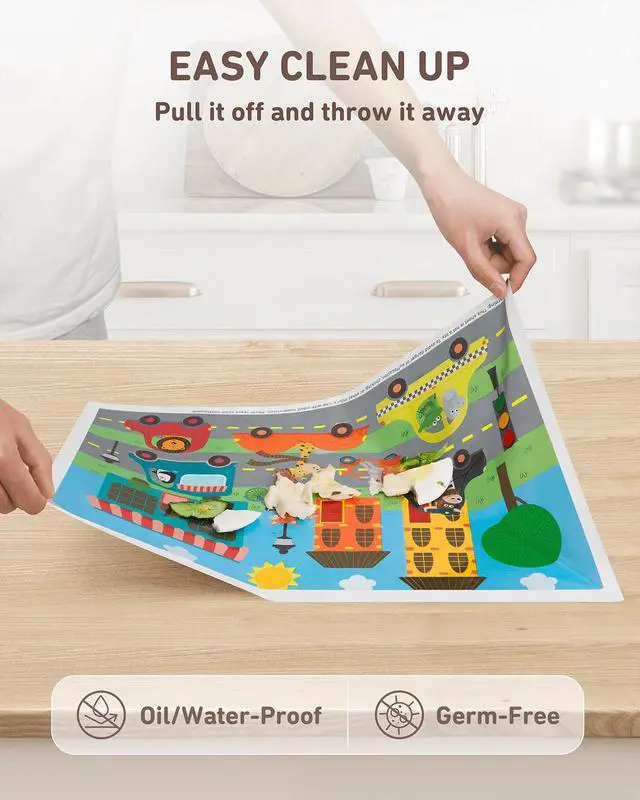 Alt view image 4 of 7 - Disposable Stick-on Placemats 40 Pack for Baby & Kids & Toddler, Sticky Placemats Restaurant Table Mats 12" x 18" (Animals Driving Cars)
