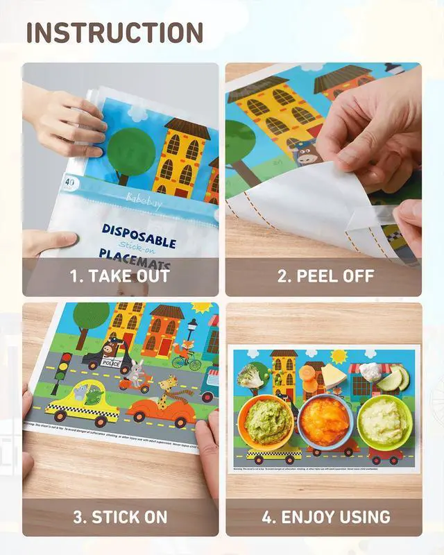 Alt view image 6 of 7 - Disposable Stick-on Placemats 40 Pack for Baby & Kids & Toddler, Sticky Placemats Restaurant Table Mats 12" x 18" (Animals Driving Cars)