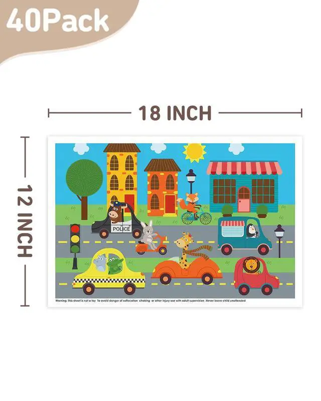 Alt view image 7 of 7 - Disposable Stick-on Placemats 40 Pack for Baby & Kids & Toddler, Sticky Placemats Restaurant Table Mats 12" x 18" (Animals Driving Cars)